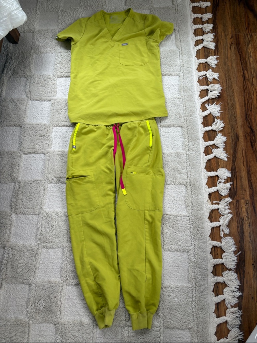 Figs Technical Collection Lime Green Scrub Top with Pink Drawstring Accent